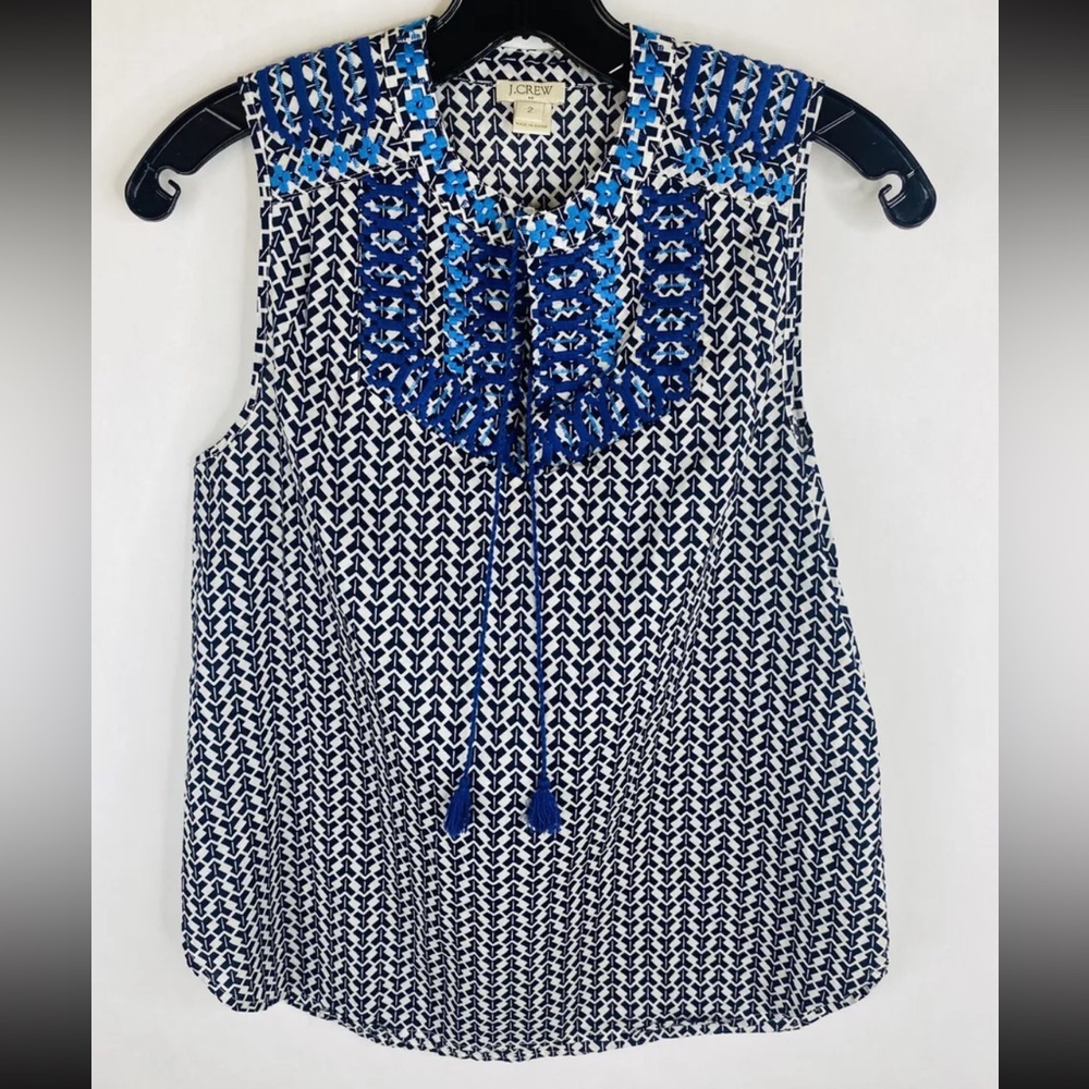 J. Crew Womens Shirt 2 Blue White Striped Sleeveless 100% Cotton Tassels Knit